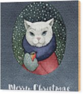 Watercolor Cat Winter Christmas Holiday Wood Print