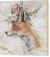 Watercolor Fox With Flowers And Gold Wood Print