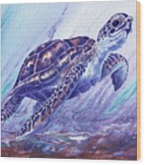 Watercolor Giant Sea Turtle In Purple Ocean Wood Print