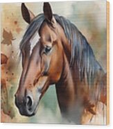 Watercolor Horse Portrait Painting, Wood Print