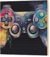Watercolor Illustration Of A Colorful Video Game Controller Wood Print