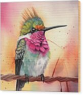 Watercolor Illustration Of A Vibrant Hummingbird Bird With Color Wood Print