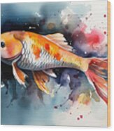 Watercolor Illustration Of Koi Carp Fish. Wood Print