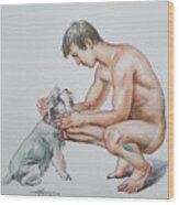 Watercolor -man And Dog #20711 Wood Print