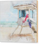 Watercolor Paint Effect Of Lifeguard Tower In Fort Lauderdale Wood Print