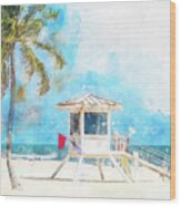 Watercolor Painting Illustration Of Lifeguard Tower In Miami Wood Print