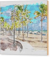 Watercolor Painting Illustration Of Seafront Beach Promenade With Palm Trees In Fort Lauderdale Wood Print
