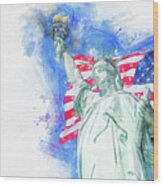 Watercolor Painting Illustration Of Statue Of Liberty With A Large American Flag And New York Skyline In The Background Wood Print