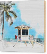 Watercolor Sketch Of Lifeguard Tower In Fort Lauderdale Usa Wood Print
