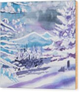 Watercolor - Winter In The Foothills Wood Print