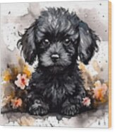 Watercolour Painting Of A Cute Black Poodle Puppy. Digital Illus Wood Print
