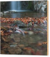 Waterfall And River Flowing With Maple Leaves On The Rocks On The River In Autumn Wood Print