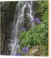 Waterfall With Flowers Wood Print