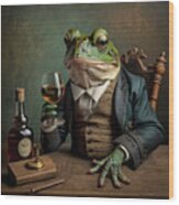 Well Dressed Frog Sitting At Table Having A Glass Of Wine Wood Print