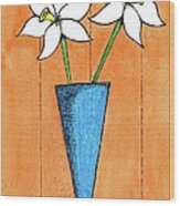 Whimsical White Flowers In Blue Vase Wood Print