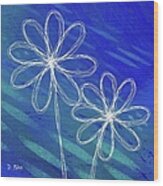 White Abstract Flowers On Blue And Green Wood Print