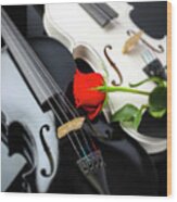 White And Black Violin With Red Rose Wood Print