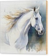 White Horse In Watercolor Wood Print