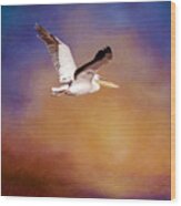 White Pelican At Sunset Wood Print