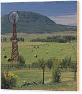 Windmill And Haystacks On Farm, Steamboat  Springs, Colorado, Usa Wood Print