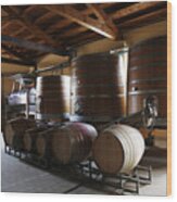 Wine Barrels In Vineyard Storehouse Wood Print