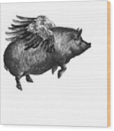 Winged Pig In Black And White Wood Print