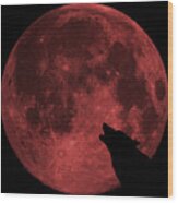 Wolf Howling Blood Moon Wood Print