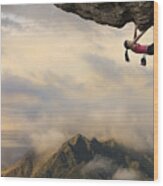 Woman Free Climber Climbs Overhang High Above Mountains At Dawn Wood Print