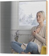 Woman Meditating At Home Wood Print
