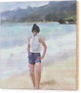Woman On The Beach Watercolor Wood Print