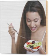 Woman With A Bowl Of Fruits Wood Print