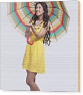 Woman With Umbrella Feeling For Rain Wood Print