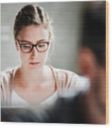 Woman Working On Laptop In Library Wood Print