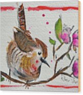 Wren In A Cherry Blossom Tree Wood Print