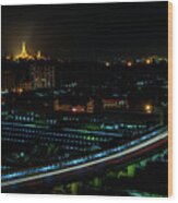Yangon Cityscape At Night Wood Print