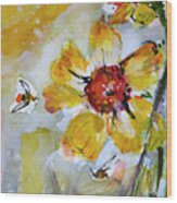 Yellow Daffodils And Bees 2 Watercolor Painting Wood Print