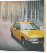 Yellow Taxi Cab Downtown Chicago Wood Print
