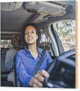 Young Black Woman Driving Car For Rideshare Wood Print