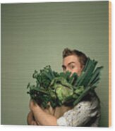 Young Man Holding Bag Full Of Vegetables, Portrait Wood Print
