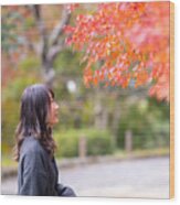 Young Woman Looking At Orange Autumn Leaves In Public Park Wood Print