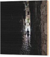 Young Woman Walks Alone Through Spooky Narrow Abandoned Alley In The Night Wood Print