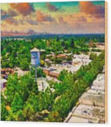 Yuba City And The Water Tower, California - Digital Painting Wood Print