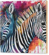 Zebra Illustration With Rainbow Watercolor Texture. Rainbow Back Wood Print