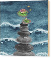 Zen Rocks Cairn Meditative Tower And Lotus Flower Watercolor Wood Print