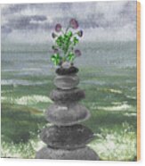 Zen Rocks Cairn Meditative Tower Lucky Clover Flower Watercolor Wood Print
