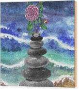 Zen Rocks Cairn Meditative Tower Pink Camellia Flower Watercolor Wood Print