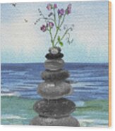 Zen Rocks Cairn Meditative Tower With Sweet Pea Flower Watercolor Wood Print