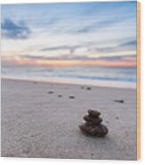 Zen Stones On Calm Beach At Sunset Wood Print