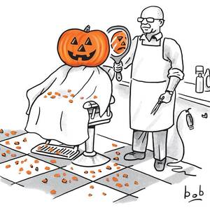A Barber Shows A Smiling Jack-o-lantern The Back by Bob Eckstein