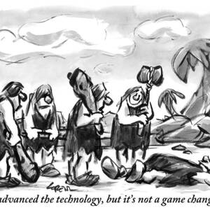 A Group Of Cavemen Stand Together With One Lying by Lee Lorenz